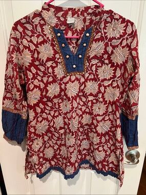 Boho Floral Red Tunic Top with Blue Trim